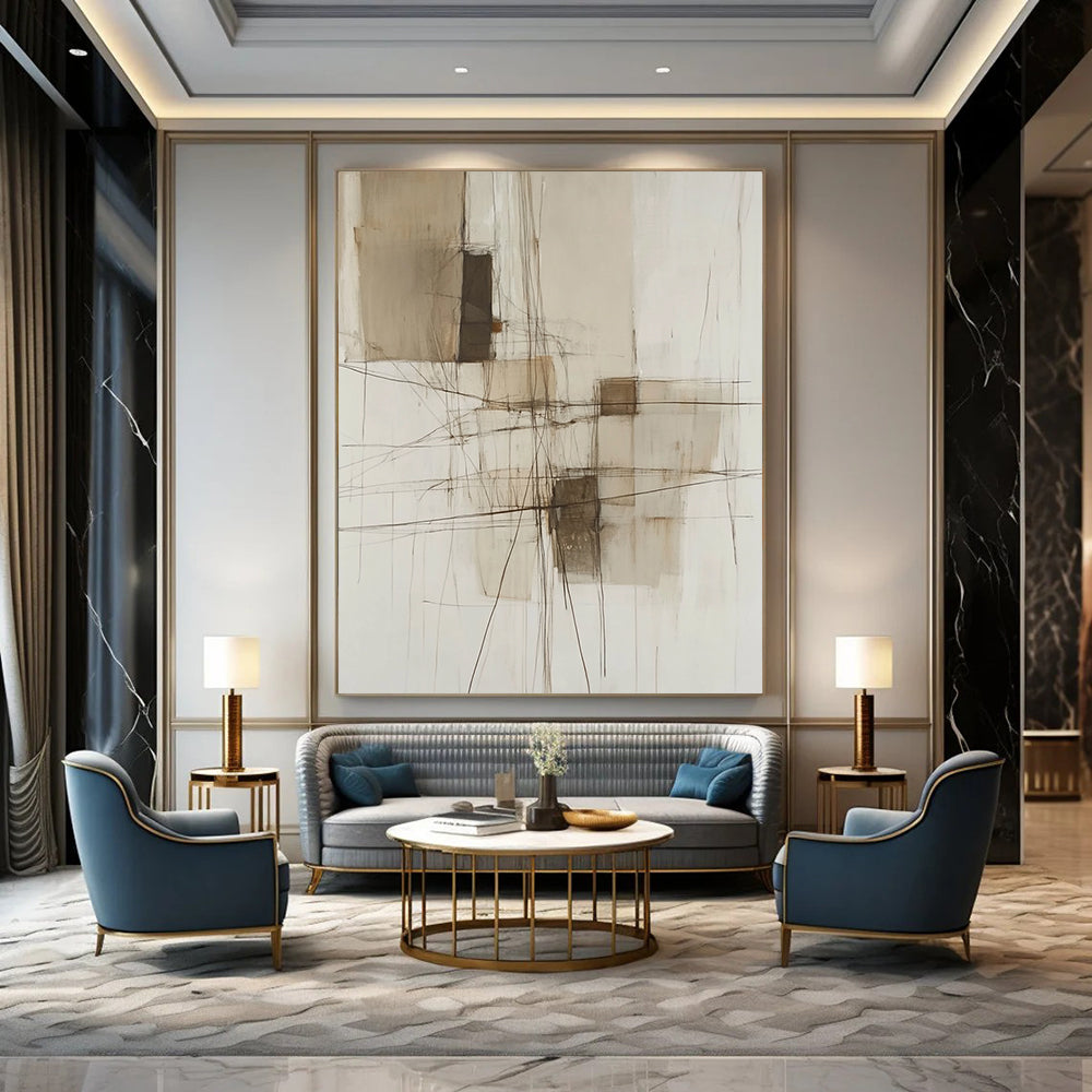 Contemporary abstract painting features neutral tones and soft lines with a wire structure and textures, enhancing its modern aesthetic. DLZ1047