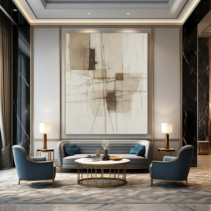 Contemporary abstract painting features neutral tones and soft lines with a wire structure and textures, enhancing its modern aesthetic. DLZ1047