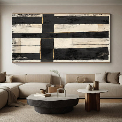 Black, White, Gold, Vertical Rectangles "Gilded Grid" Abstract Constructivist - Inspired Painting On Canvas HB142