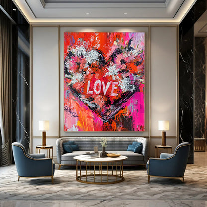 Vibrant contemporary abstract painting featuring oversized floral heart and dynamic brushstrokes with engaging text LOVE in bold reds pinks and whites. DLZ1494