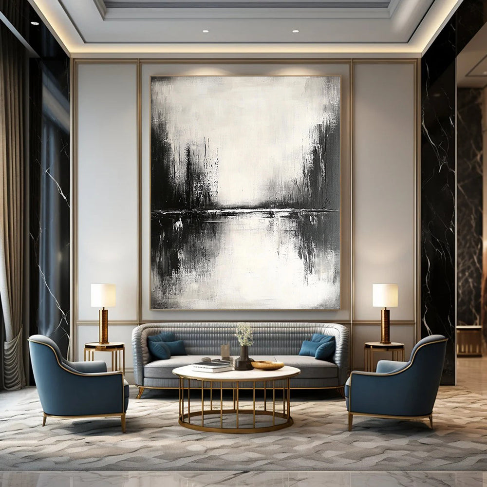 Contemporary abstract painting featuring tranquil reflections on water with muted tones and soft edges creating a serene atmosphere. DLZ0308