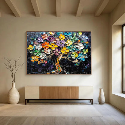 “Colorful Flower Tree” - Colorful, Textured, Flower Tree Painting On Canvas HB0751