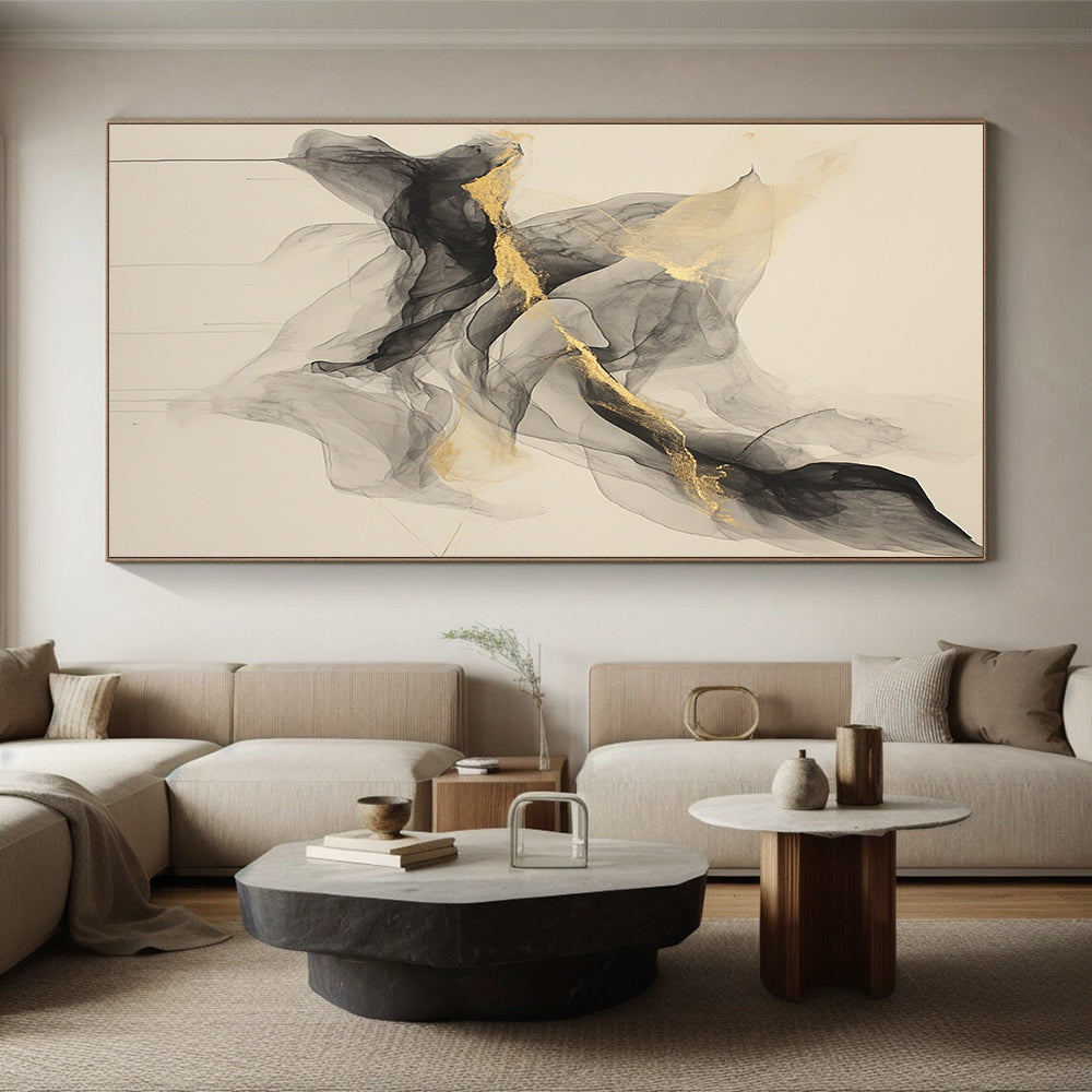 Beige, Gray, Gold, Flowing Shapes "Smoky Allure" Abstract Painting On Canvas HB028