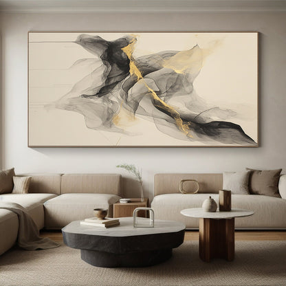 Beige, Gray, Gold, Flowing Shapes "Smoky Allure" Abstract Painting On Canvas HB028