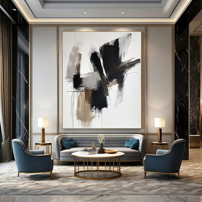 Contemporary hand-painted abstract artwork features bold black shapes with brown tones and white accents on a sleek neutral backdrop. DLZ0316