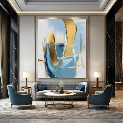 Contemporary hand-painted abstract art featuring a close-up of an armchair with gold foil accents on a light blue and white background. DLZ0573