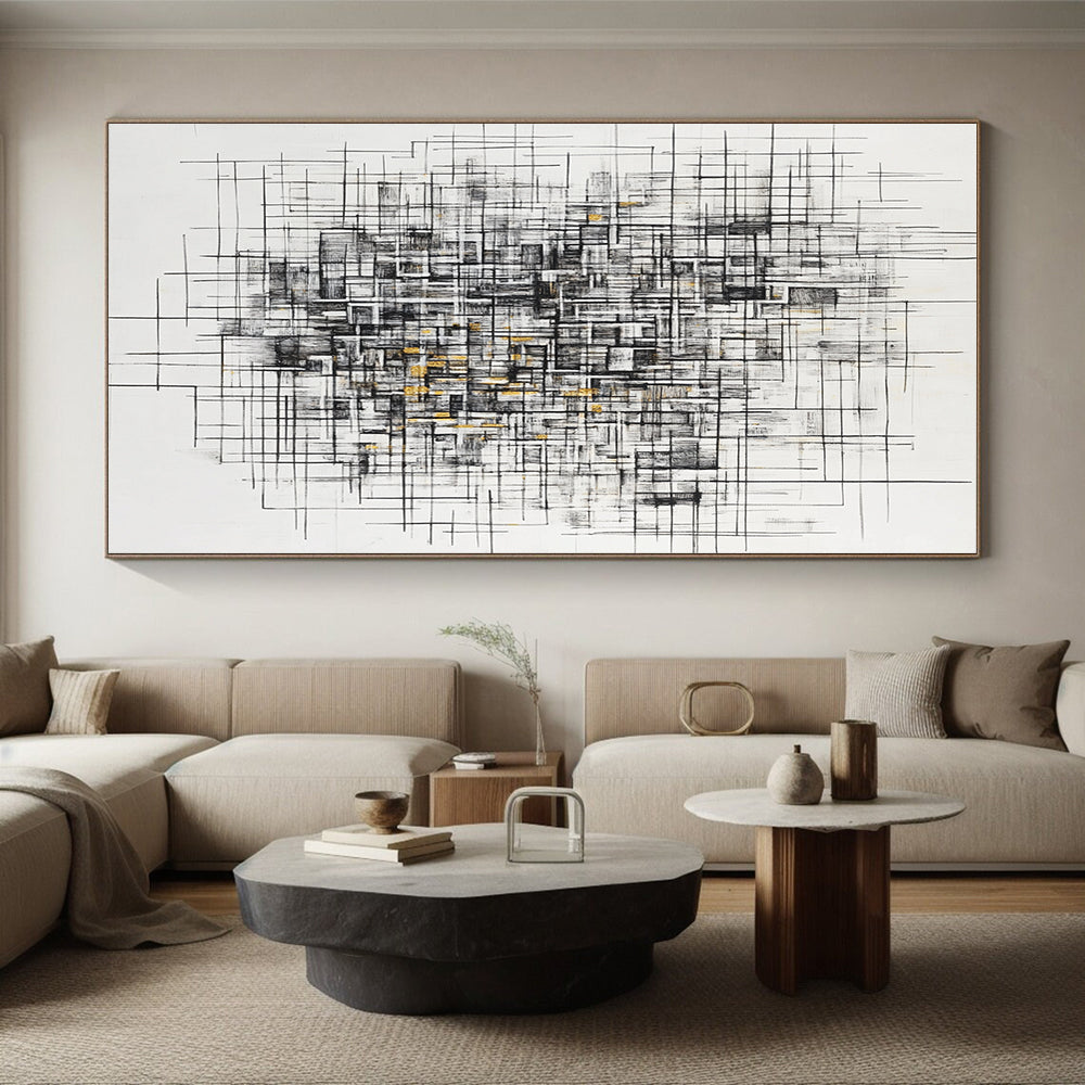 Black, White, Gray, Gold, Tangled Linework "Gilded Chaos Weave" Abstract Expressionist Painting On Canvas HB126