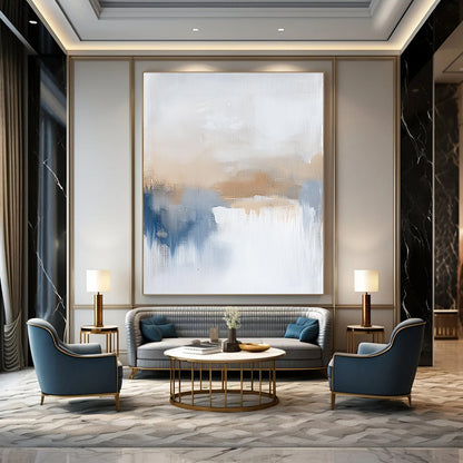 Contemporary large hand-painted abstract art featuring soothing beige and blue tones, evoking calming vibes of a serene sea horizon. DLZ0404