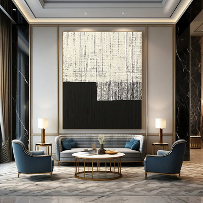 Contemporary hand-painted abstract art featuring minimalist black and white vertical lines on a dark background with a floating cloth element. DLZ1605