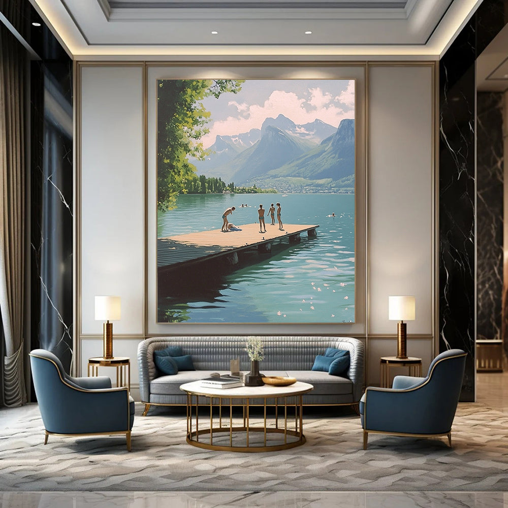 Contemporary abstract painting featuring swimmers on a dock at Lake Annecy with mountains in the background in a nostalgic 1970s vintage style. DLZ1108