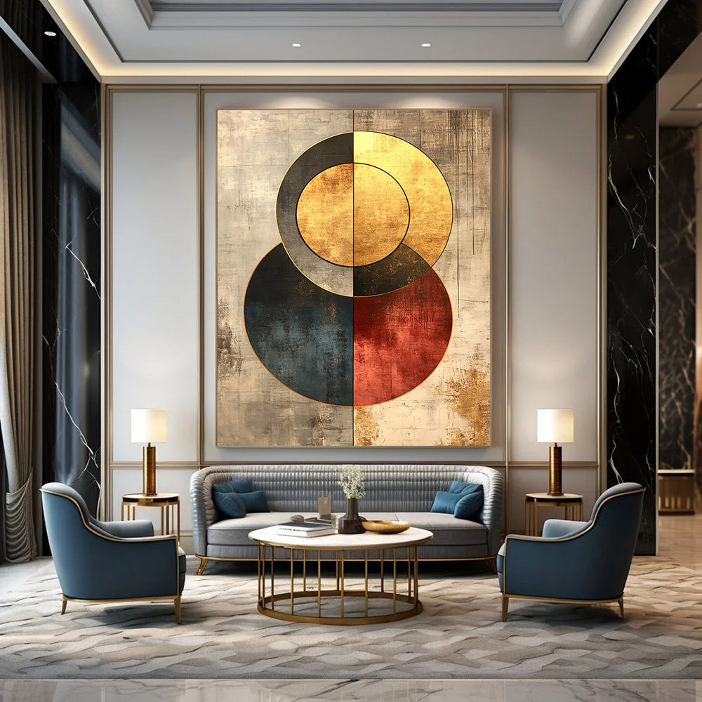 Contemporary hand-painted abstract art in gold and grey features retro circles with a grainy texture and minimalist background for timeless elegance. DLZ0266