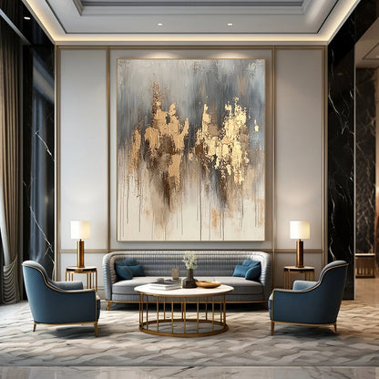 Contemporary hand-painted abstract artwork features neutral tones with gold accents and dynamic paint splashes for a refined aesthetic. DLZ1076
