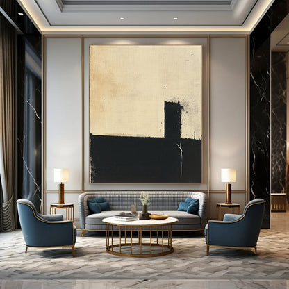 Contemporary hand-painted abstract art featuring a minimalistic black and beige palette with simple shapes and visible brush strokes on inked paper. DLZ0940