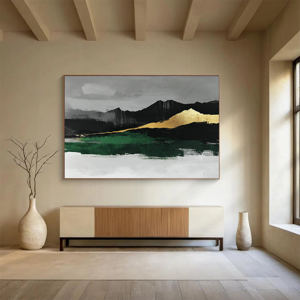 “Gold - Mountain Landscape with Green” - Gold, Green, Black, Gray, Mountain Shapes Painting On Canvas HB0808