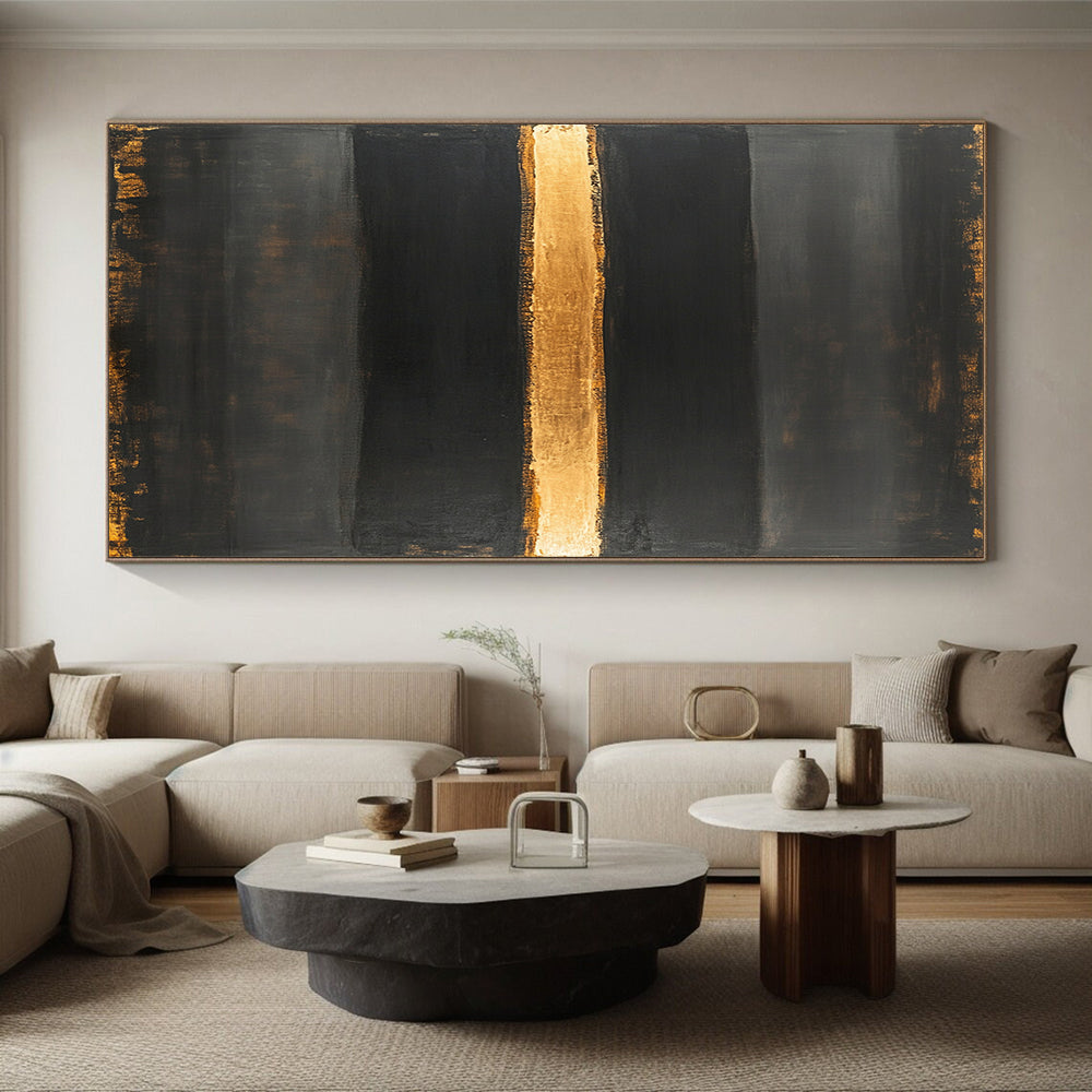 Black & Gold Horizontal Stripes - “Elegant Night Divide” Painting On Canvas HB192