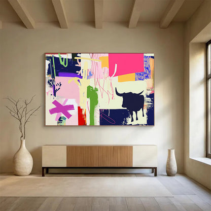 “Colorful Collage with Bull Silhouette” - Colorful Palette, Collage with Bull Shape Painting On Canvas HB0862