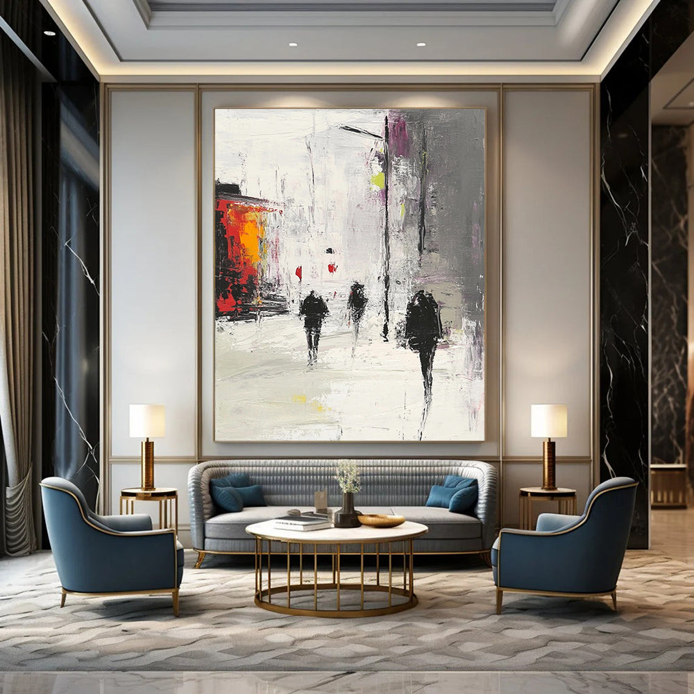 Contemporary hand-painted abstract artwork depicting an urban scene in gray and white with red accents featuring people walking in the rain. DLZ0968
