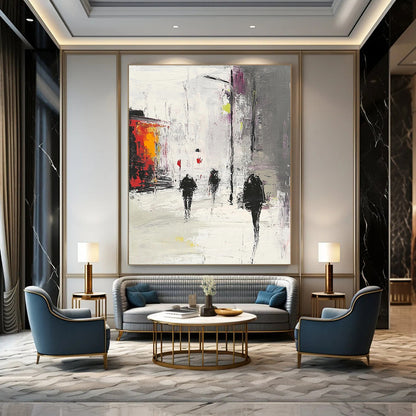 Contemporary hand-painted abstract artwork depicting an urban scene in gray and white with red accents featuring people walking in the rain. DLZ0968