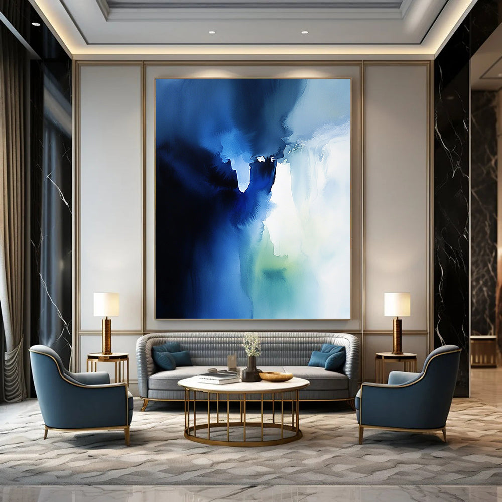 Contemporary abstract watercolor artwork featuring an ethereal ice wall in blue and white with translucent layers and sky-blue shadows. DLZ1081
