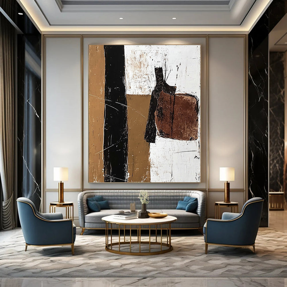 Large contemporary abstract painting featuring a vertical line of acrylic paint and earthy tones with details of an old leather saddle. DLZ1032