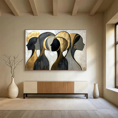 “Golden Silhouettes” - Black, Gold, Gray, Abstract Profiles - Stylized Acrylic Painting HB1514