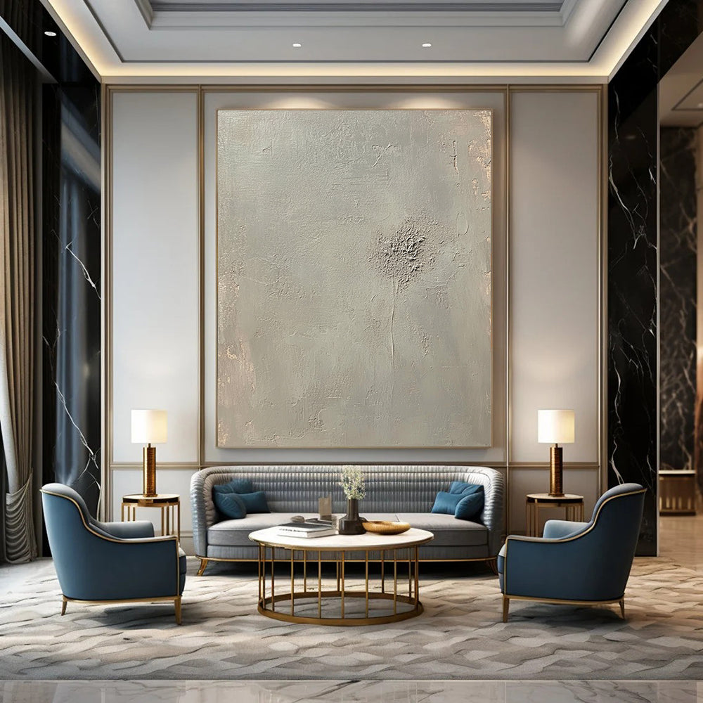 Contemporary abstract artwork featuring an empty light gray canvas with soft tones and faint embossed writing at the center. DLZ0576