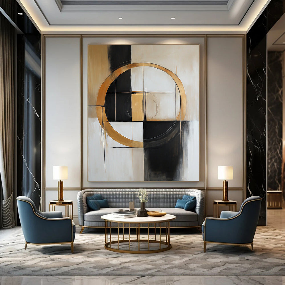 Contemporary hand-painted abstract art featuring shapes and lines in beige, white, black, grey, and gold with a prominent central circle. DLZ0893