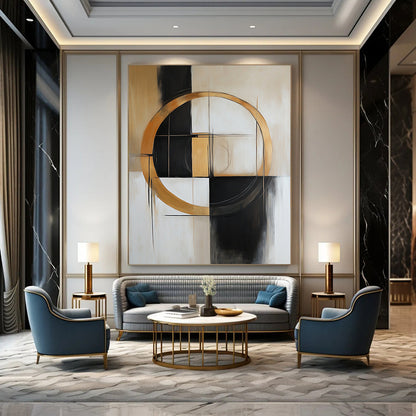 Contemporary hand-painted abstract art featuring shapes and lines in beige, white, black, grey, and gold with a prominent central circle. DLZ0893