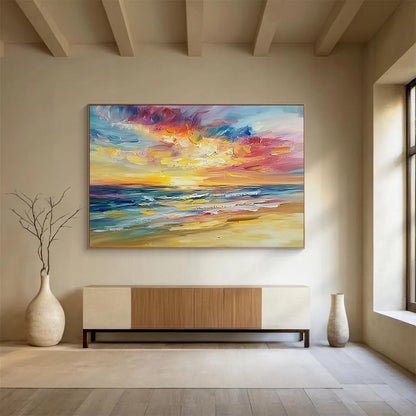 “Vibrant Sunset Sea” - Bold Orange, Pink, Purple, Blue, Impressionistic Sunset Beach Painting On Canvas HB0981