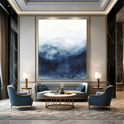 Contemporary abstract watercolor art featuring a stormy sky in dark blue and gray hues on a white background, evoking depth and mystery. DLZ0812