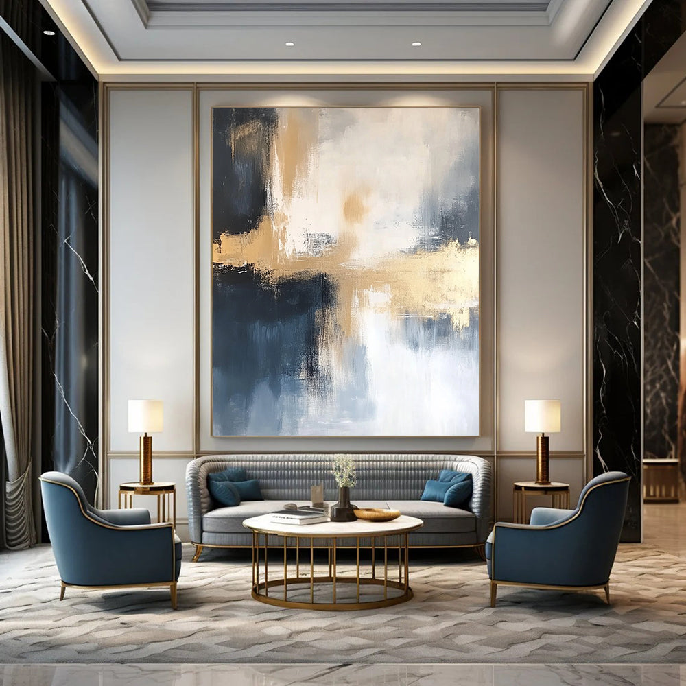 Contemporary hand-painted abstract art featuring gold, white, blue, black, and gray tones on a soft white background, perfect for modern decor. DLZ0436