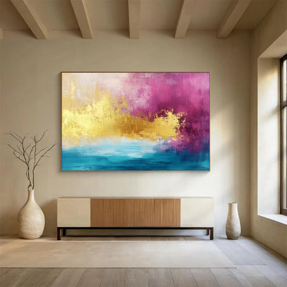 “Pink, Gold, and Blue Abstract” - Pink, Gold, Blue, Bold Color Blocks Painting On Canvas HB0883