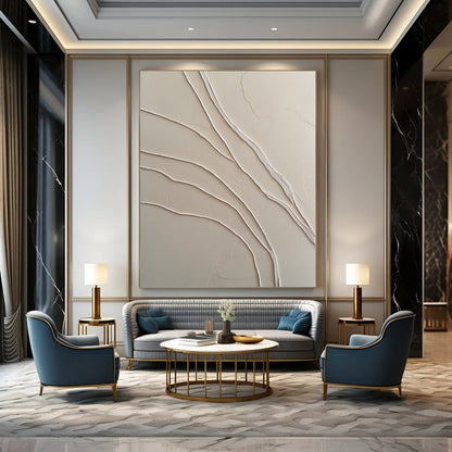 Contemporary abstract art featuring textured white plaster and graceful S-shaped lines creates a striking visual contrast and depth. DLZ1435