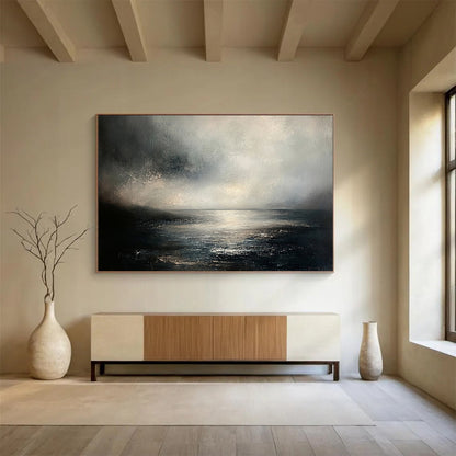 “Moody Sea Landscape” - Gray, Black, White, Atmospheric Seascape Painting On Canvas HB1001
