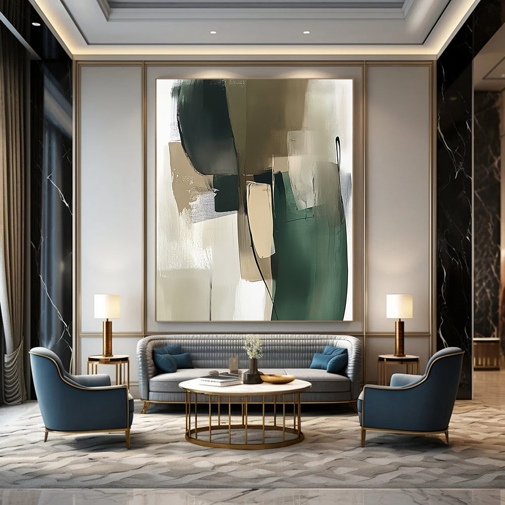 Contemporary abstract painting showcasing a green and beige palette with thick brush strokes and minimalistic shapes in a modernist style. DLZ0535