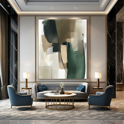 Contemporary abstract painting showcasing a green and beige palette with thick brush strokes and minimalistic shapes in a modernist style. DLZ0535