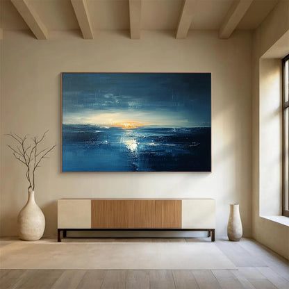 “Dark Blue Sunset Seascape” - Dark Blue, Orange, White, Dramatic Seascape Painting On Canvas HB1012