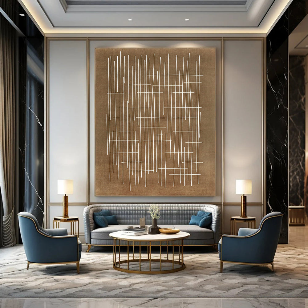 Contemporary abstract artwork featuring geometric patterns with white lines on a brown background inspired by Japanese calligraphy and Paul Klee's style. DLZ1159