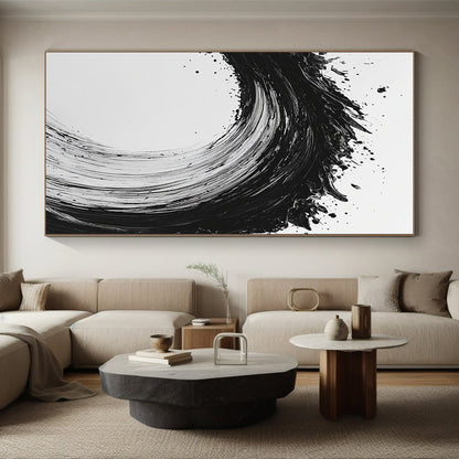 Black and White Dynamic Wave "Energetic Surge" Painting On Canvas HB282