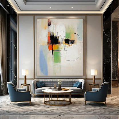 Contemporary abstract painting featuring bold colors and dynamic shapes designed to enhance modern spaces with artistic elegance. DLZ1777