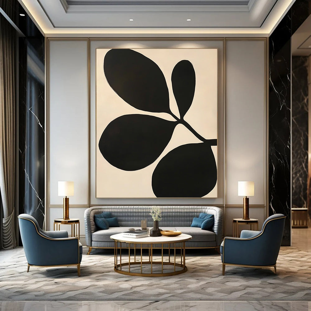 Contemporary abstract artwork featuring Matisse-inspired cutouts with bold black shapes, large leaves, minimalism, and striking negative space on a white background. DLZ1595
