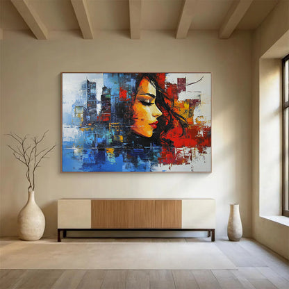 “Colorful Urban Woman Portrait” - Colorful Palette, Woman’s Face, City Background Painting On Canvas HB0851