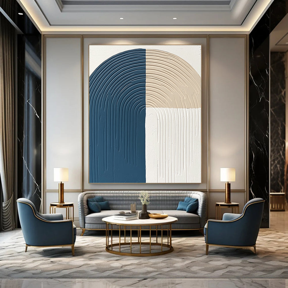 Contemporary hand-painted abstract art features thick lines and curves in blue gray and beige on a white background with a semi-circular arc shape. DLZ1376