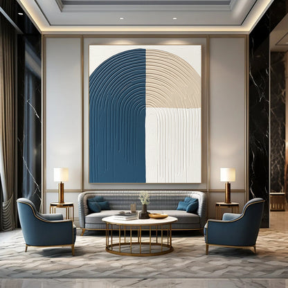 Contemporary hand-painted abstract art features thick lines and curves in blue gray and beige on a white background with a semi-circular arc shape. DLZ1376
