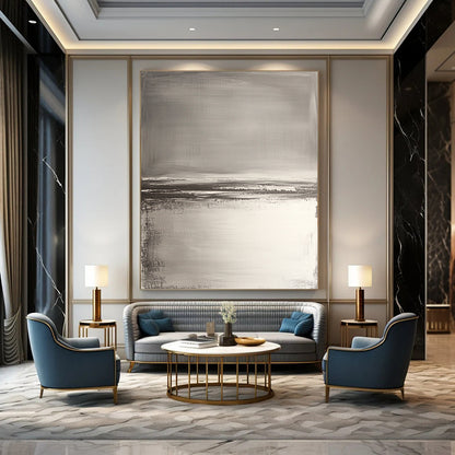 Contemporary hand-painted abstract artwork features neutral tones with gray and white, textured water reflections, and soft brush strokes for a serene beach landscape. DLZ0390