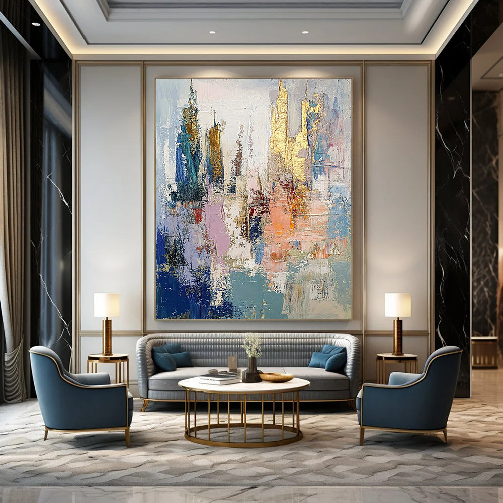 Contemporary abstract oil painting depicts an underwater city in muted pastels with gold leaf accents and thick brush strokes creating textured layers. DLZ0890