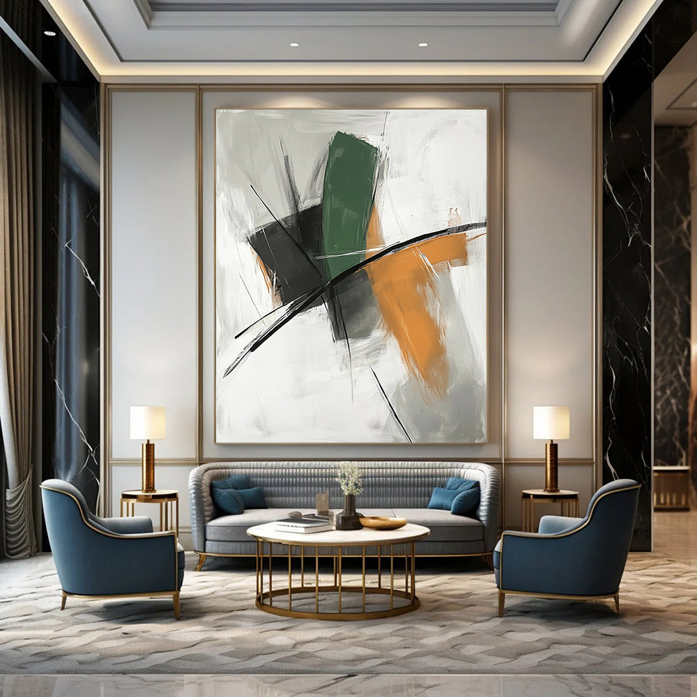 Large contemporary hand-painted abstract art with a white background and serene shapes featuring green lines, orange tones, black accents, and calming colors. DLZ0928
