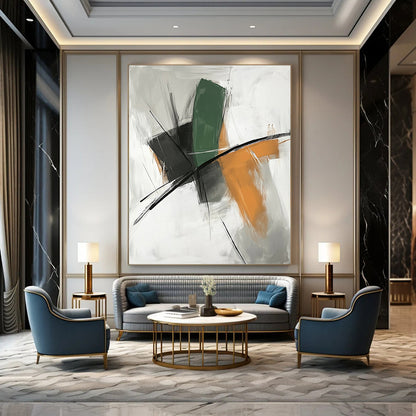 Large contemporary hand-painted abstract art with a white background and serene shapes featuring green lines, orange tones, black accents, and calming colors. DLZ0928