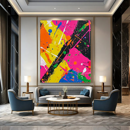 Vibrant contemporary abstract painting featuring bold neon colors and dynamic splashes in a Jackson Pollock-inspired style perfect for modern art collectors. DLZ0614
