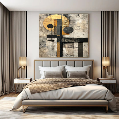 Gold, Black, Gray, White with Layered Shapes "Textured Harmony" Abstract Painting On Canvas HB002
